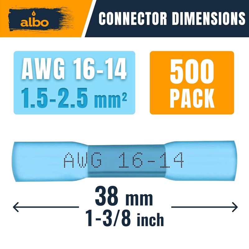 ALBO 500PCS 16-14 AWG Heat Shrink Butt Connectors - Tinned Copper 0,8 mm - Marine Grade Insulated Crimp Wire Connectors - Waterproof Electrical Connectors - Butt Splice for Auto, Marine, Boat, Stereo - Image 2